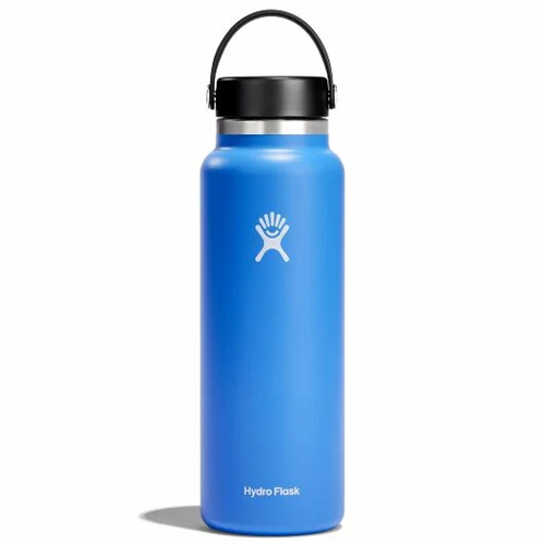 Hydro Flask 40 oz Wide Mouth water bottle in blue, stainless steel, insulated for hot and cold drinks, perfect for adventures.