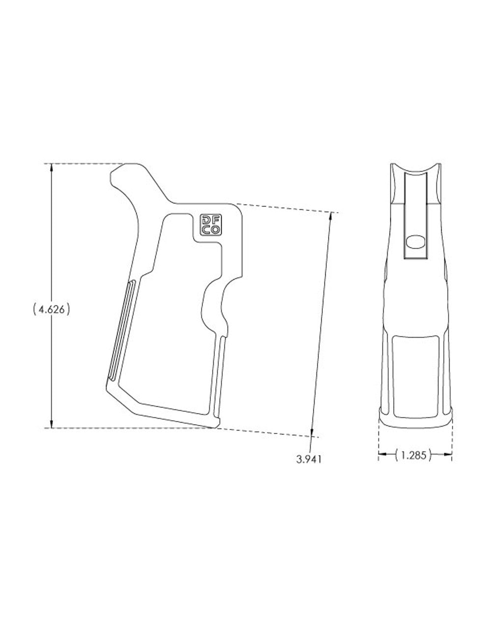 Die Free Co Kung Fu Grip (Black) dimensions for AR15/M4 and AR10/SR25, showcasing ergonomic design and precise measurements.