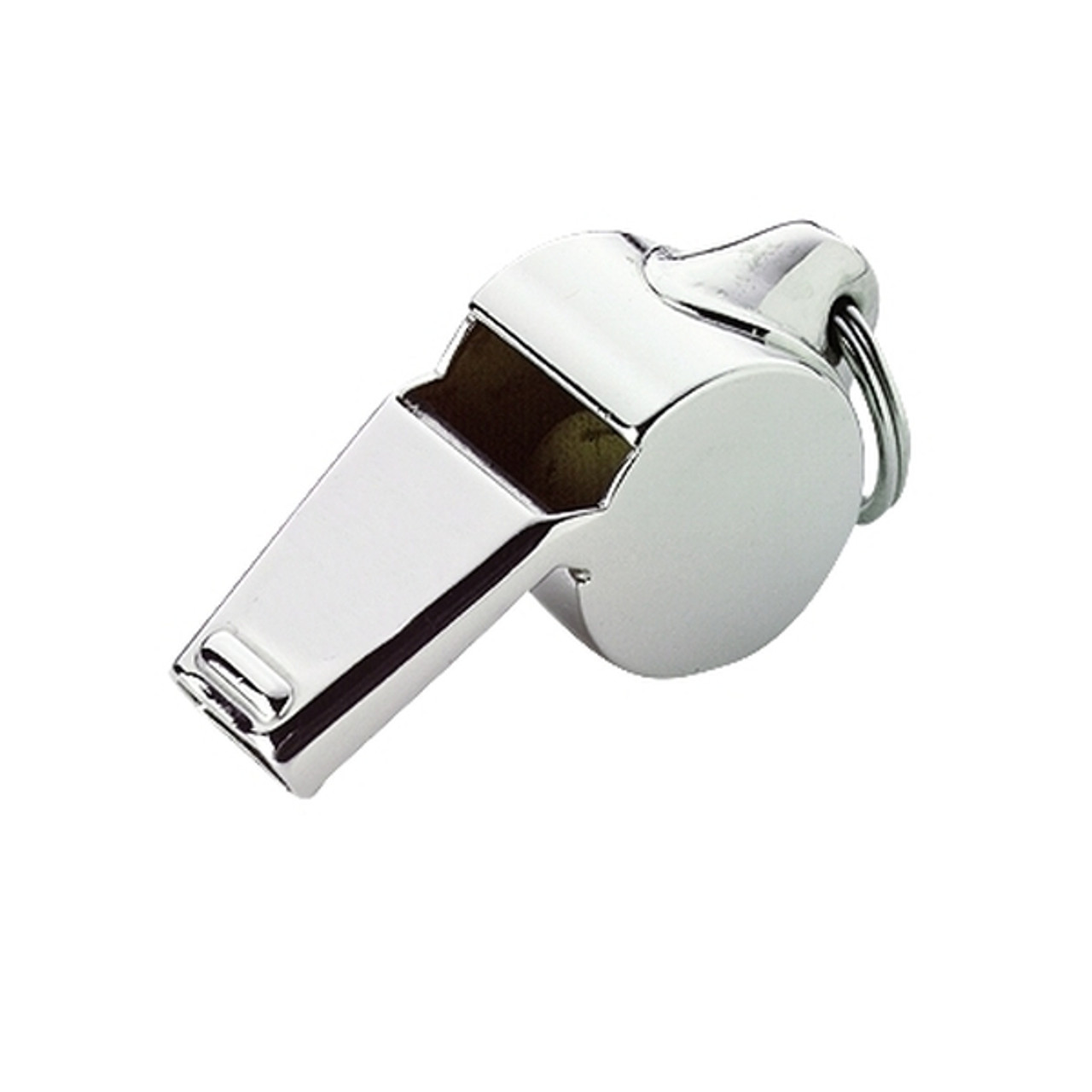 A silver-colored metal whistle with a lanyard attachment, against a white background.
