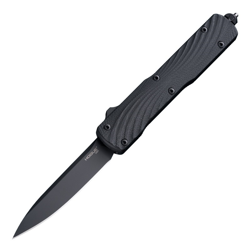 Hogue Counterstrike OTF knife with black G10 cover and 3.35" drop point blade, featuring a sleek design and ambidextrous trigger.