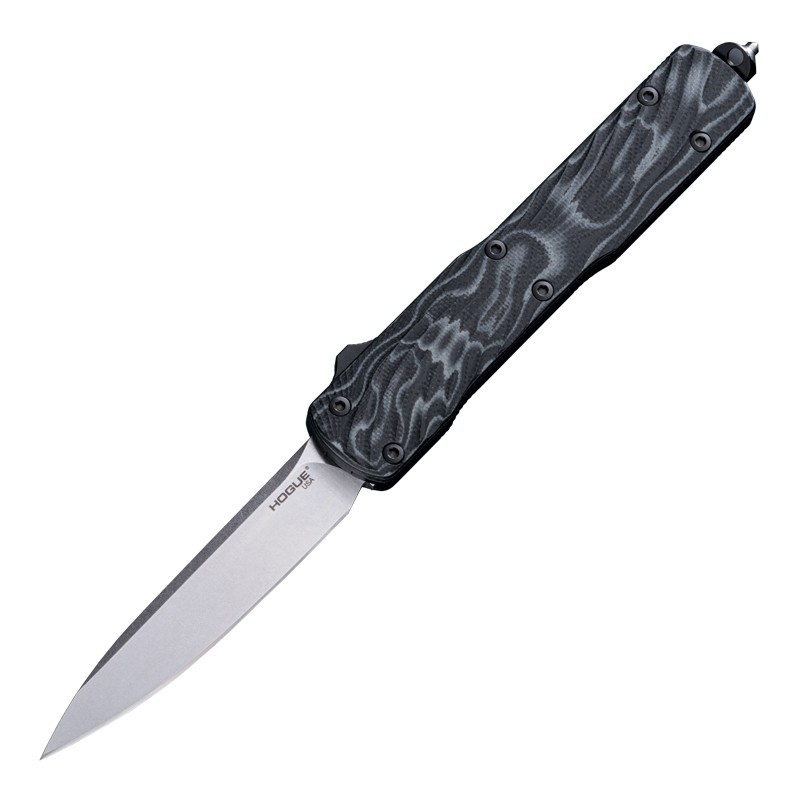 Hogue Counterstrike OTF knife with black G-Mascus handle and 3.35" drop point blade, featuring a tumbled finish.