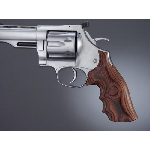 Hogue Dan Wesson Large Frame Grip on stainless steel revolver, showcasing ergonomic design and high-quality wood finish.