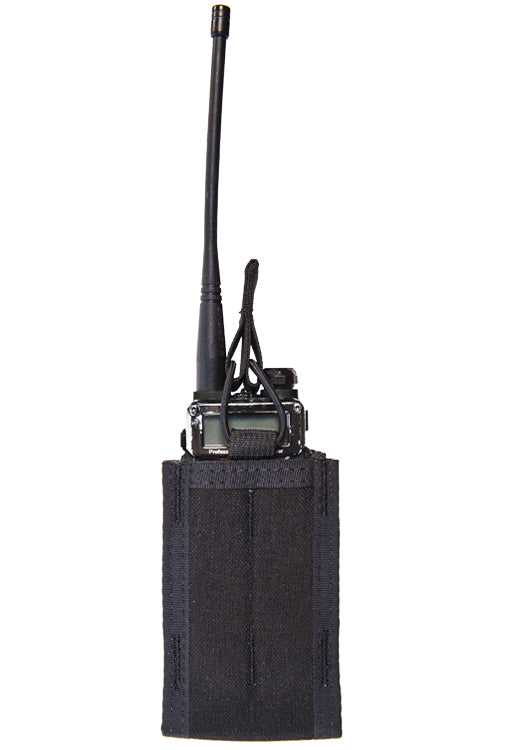 High Speed Gear Duty Mini M.A.C. TACO pouch holding a small handheld radio with an antenna, designed for portability and communication.