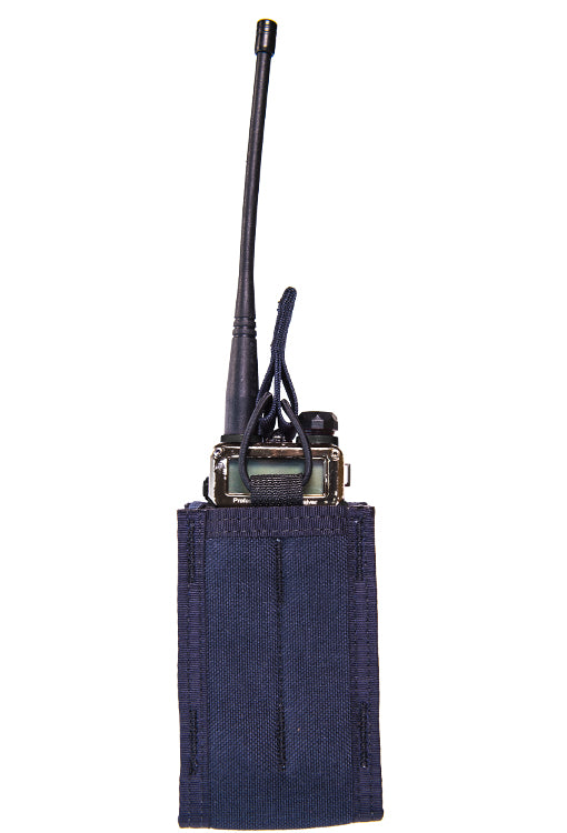 High Speed Gear Duty Mini M.A.C. TACO pouch holding a small handheld radio with an antenna on top, designed for secure storage.