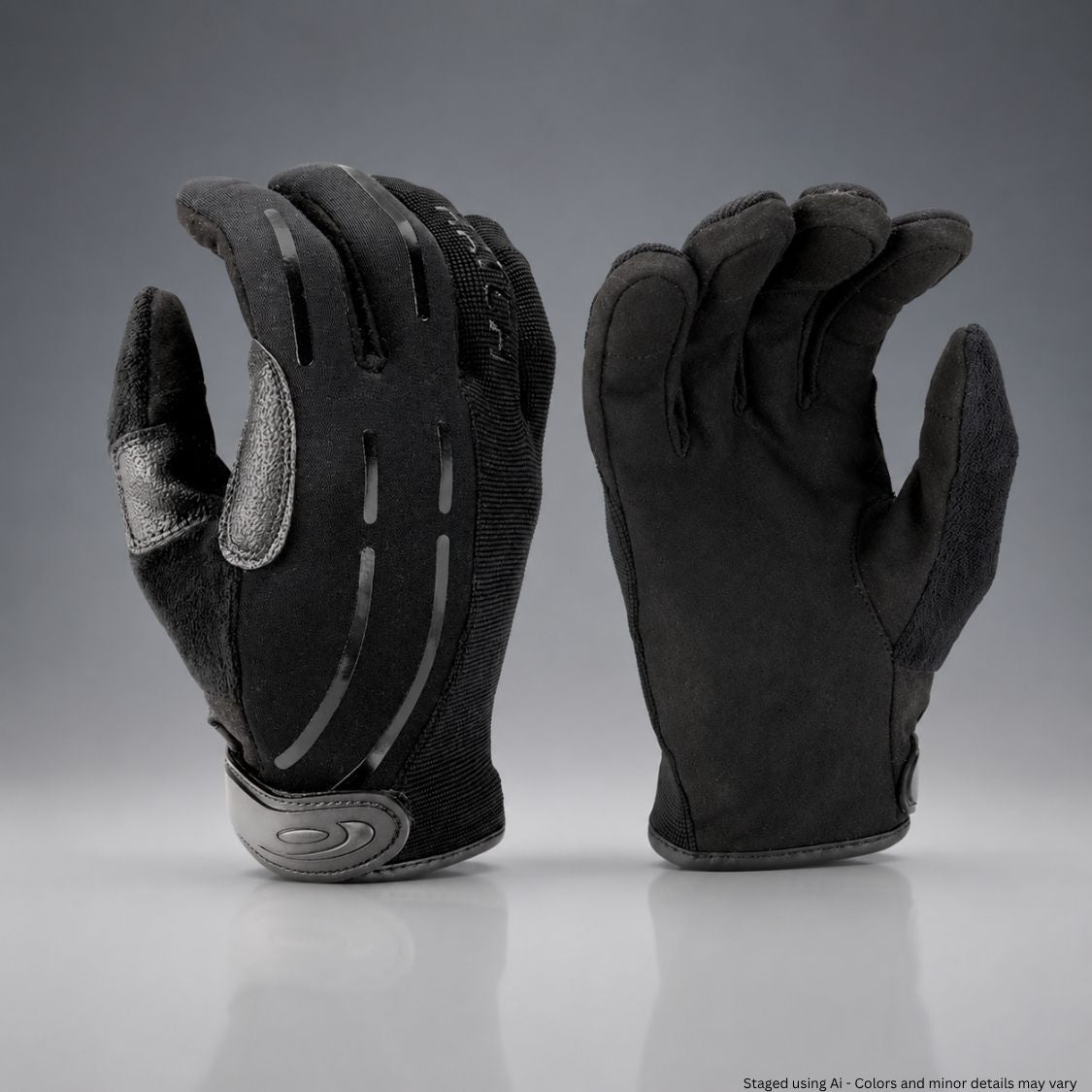 Pair of black gloves with gray accents on a gray background