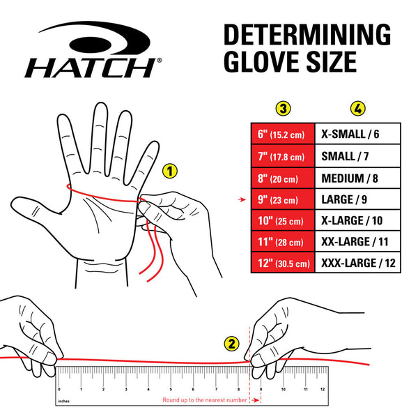 Hatch glove size determination chart with hand measurement illustration