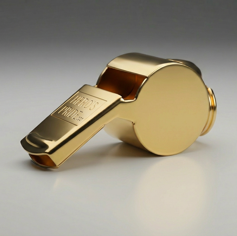 Gold police whistle on a gray background