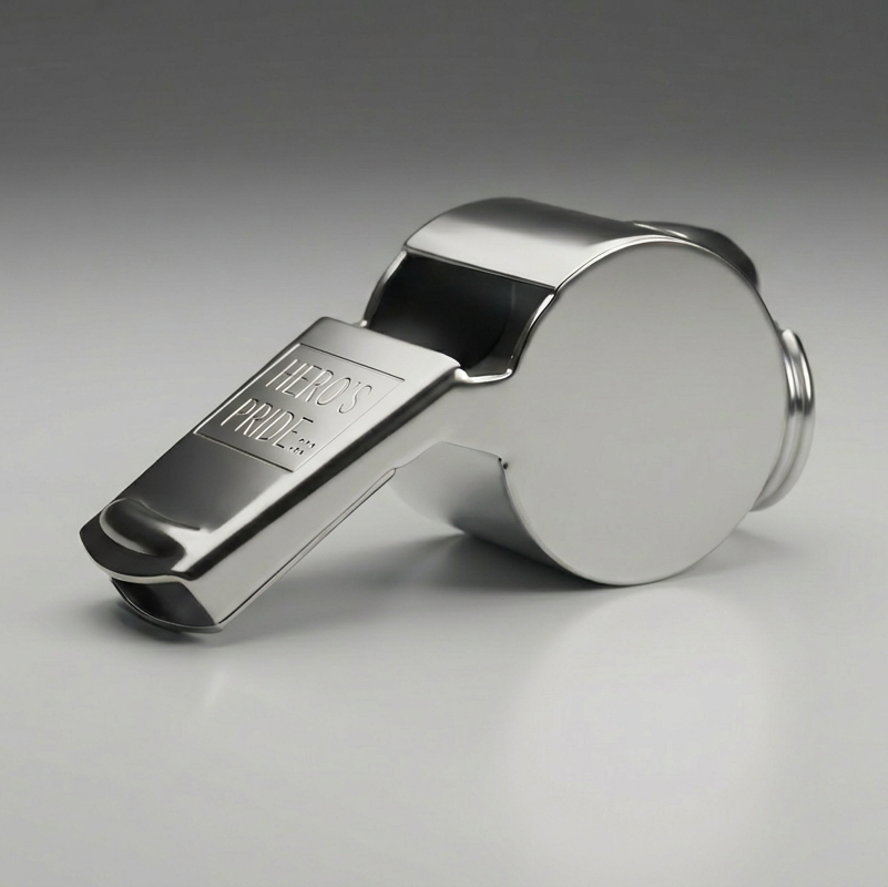 Silver metallic police whistle on a gray background