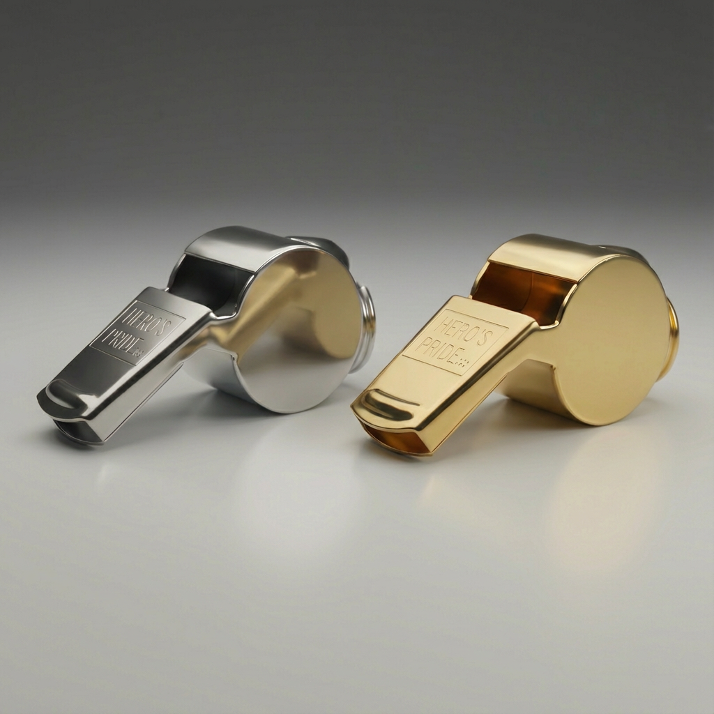 Silver and gold police whistles on a gray background