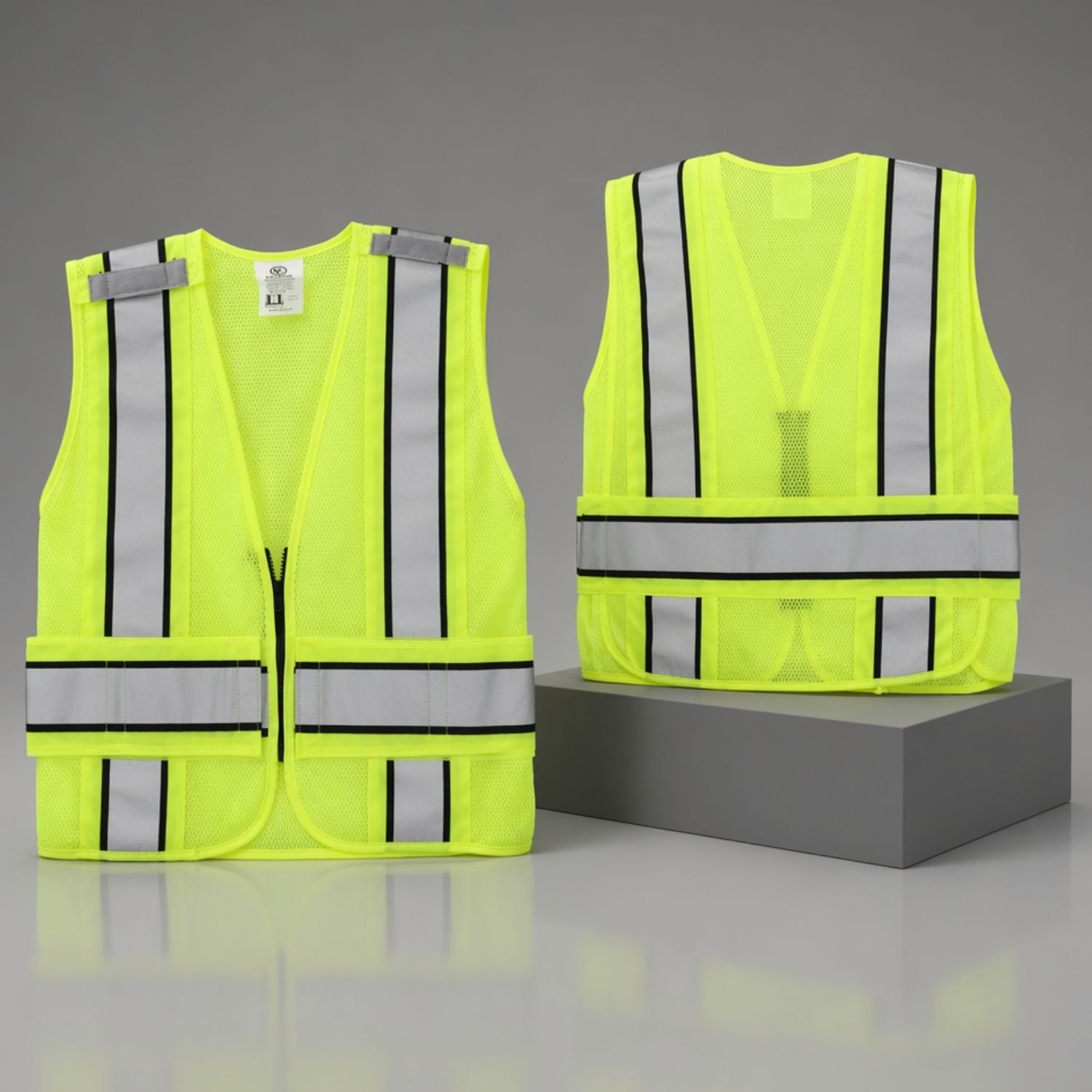 Two yellow safety vests with reflective stripes on a gray background