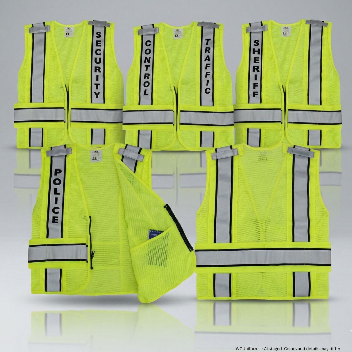 Set of yellow safety vests with various text labels on a white background