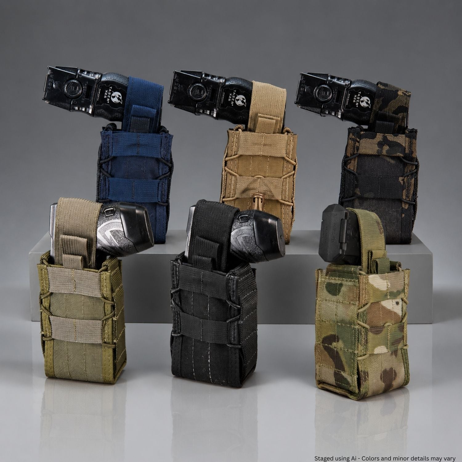 Set of tactical Taser X26 pouches in various colors on a gray background