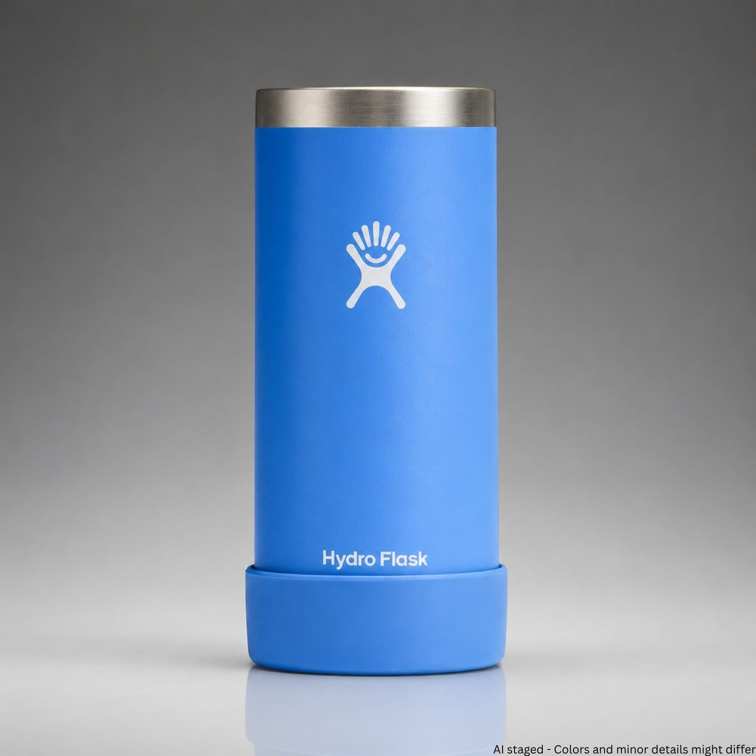 Blue Hydro Flask with silver lid on a gray background