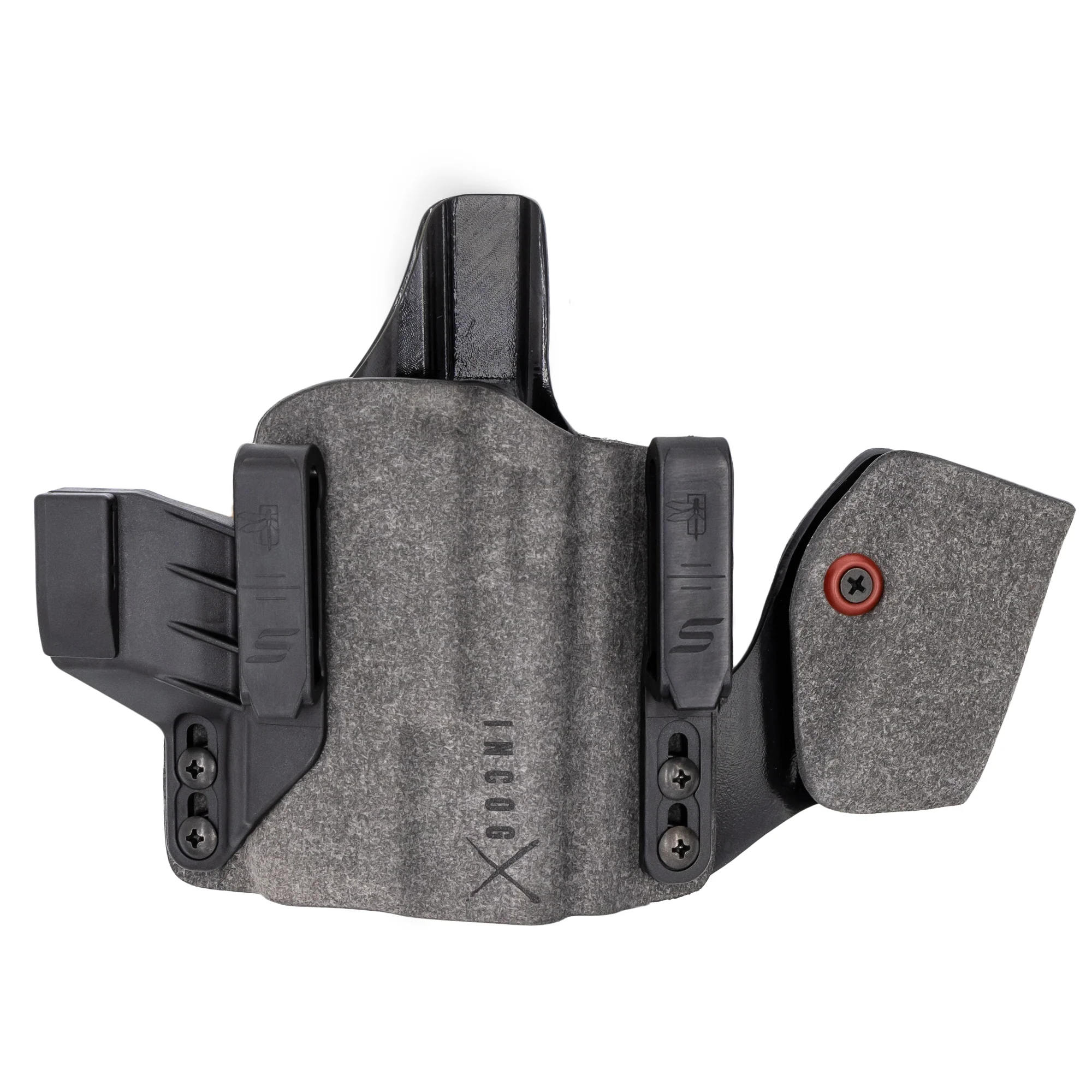 A black Safariland IncogX IWB hybrid thermofolded holster designed for Glock 17/19 with a light, featuring over-the-belt polymer clips and a microfiber suede-wrapped body.