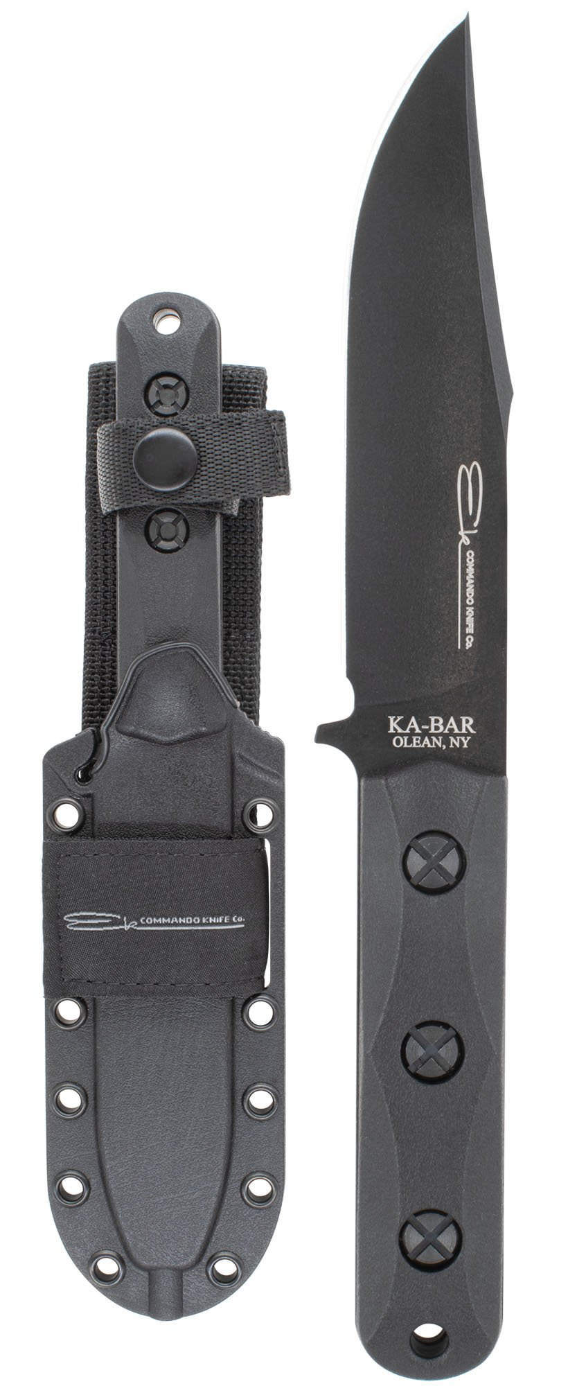 Ka-Bar EK Short Clip Point knife with MOLLE compatible Celcon sheath, featuring a 5.0625-inch clip point blade.