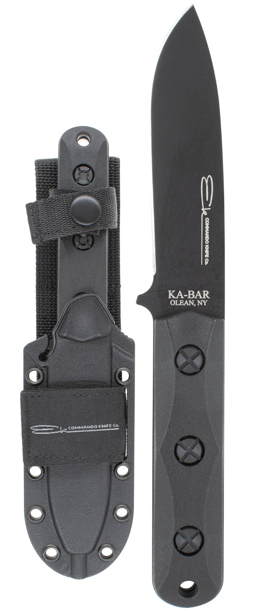 Ka-Bar EK51 Short Drop Point knife with MOLLE compatible sheath, showcasing its sleek design and German steel blade.