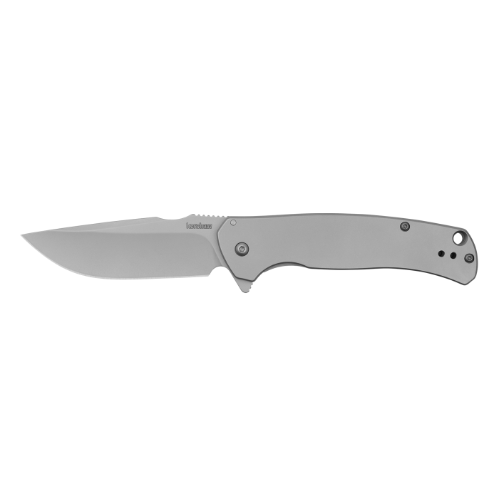 Kershaw SCOUR knife with stainless steel handle and drop point blade, ideal for everyday carry and cutting tasks.
