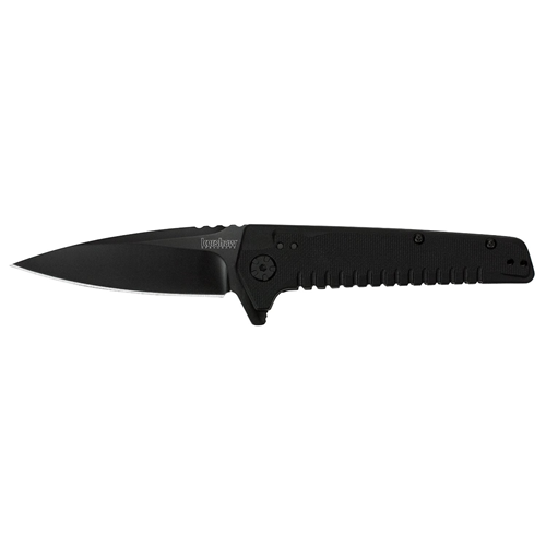 Kershaw Fatback knife with black handle and blade, featuring SpeedSafe assisted opening and deep-carry pocketclip.