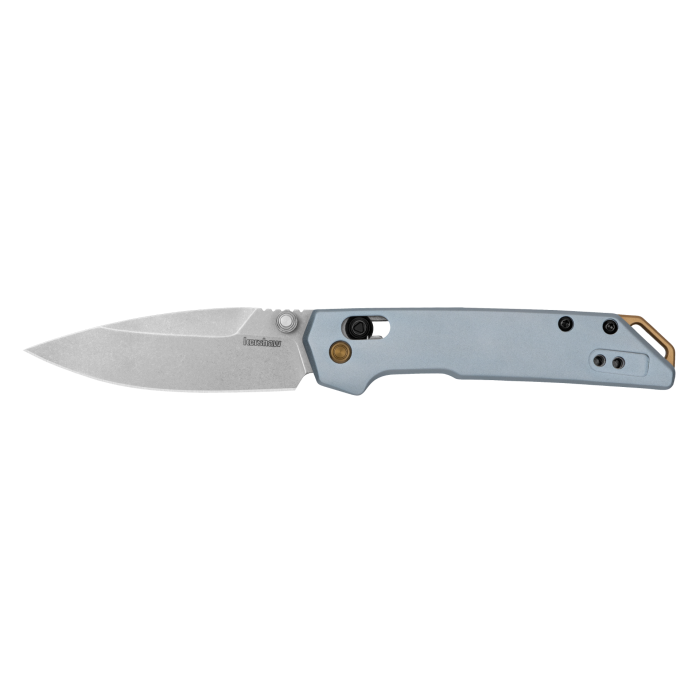 Kershaw Mini Iridium knife featuring a D2 spear point blade and ice blue handle with gold accents for everyday carry.