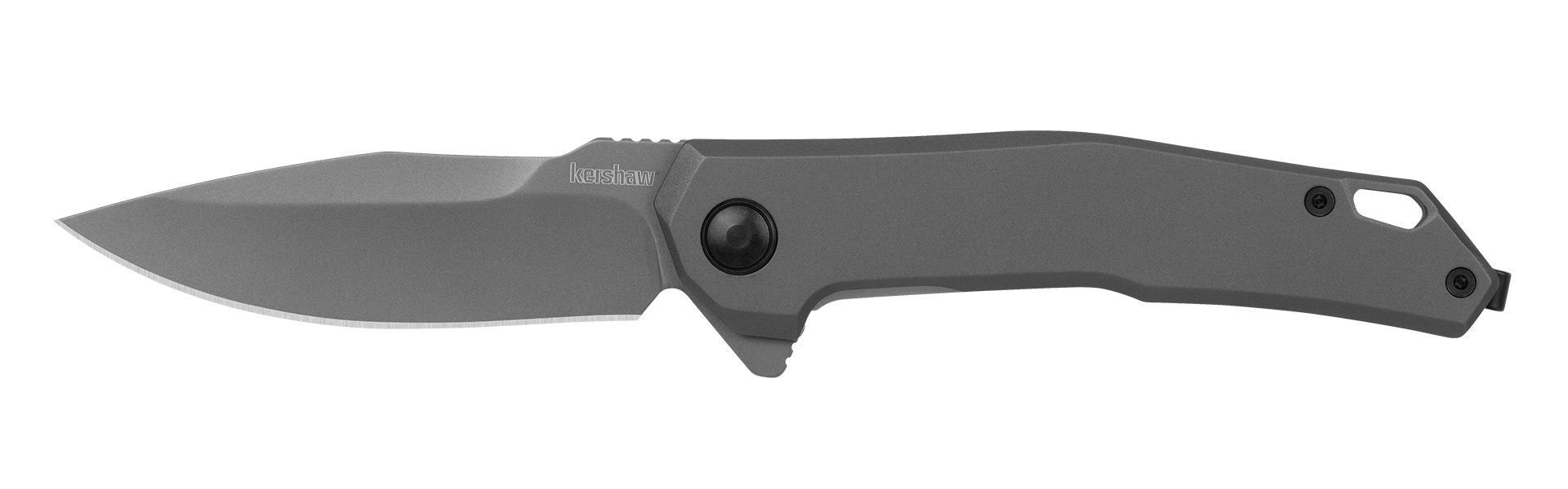 Kershaw HELITACK folding knife with gray PVD finish, featuring assisted opening and secure frame lock design.