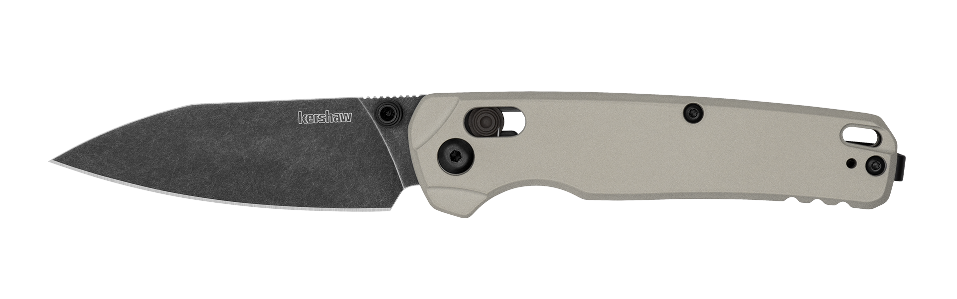 Kershaw BEL AIR folding knife with gray handle and black blade, featuring DuraLock technology and KVT ball bearings.