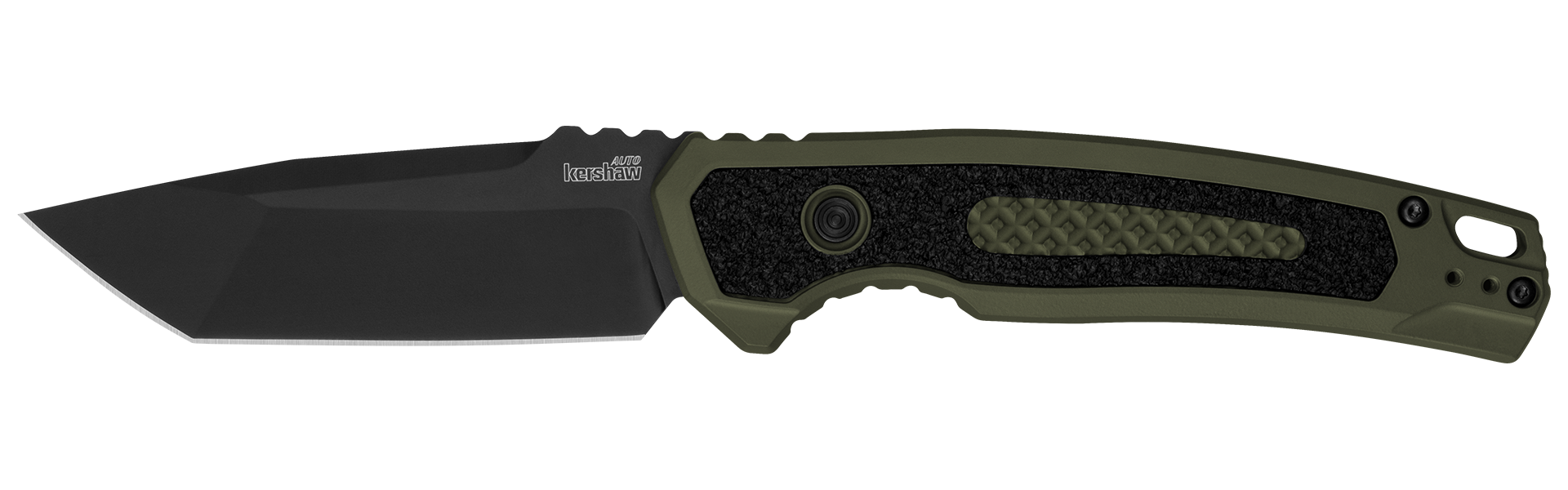 Kershaw LAUNCH 16 automatic knife with olive Cerakote handle and black tanto blade, designed for durability and cutting performance.