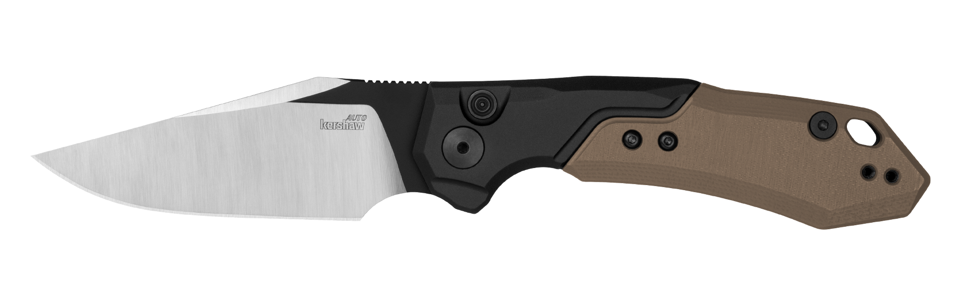 Kershaw AUTO LAUNCH 19 knife featuring black-anodized aluminum handle and CPM 154 blade with satin and black Cerakote finish.