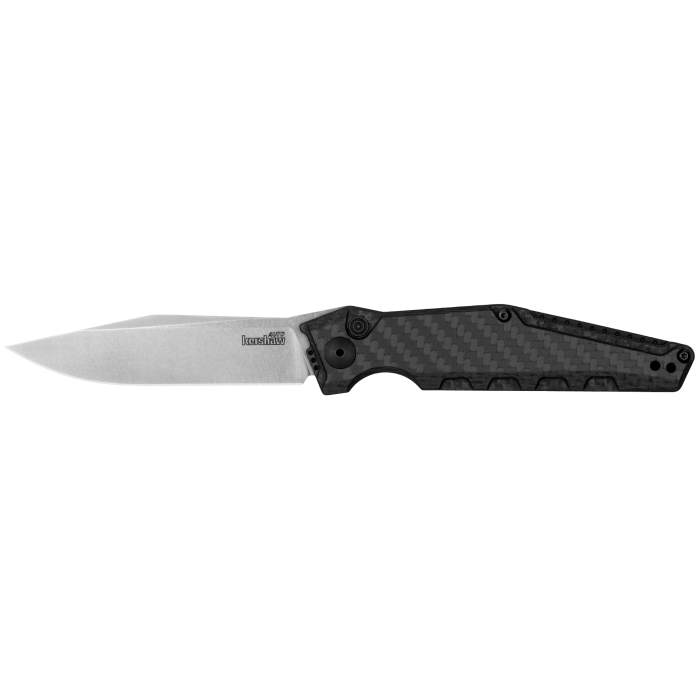 Kershaw LAUNCH 7 knife featuring carbon fiber handle and MagnaCut steel blade, showcasing modern design and functionality.