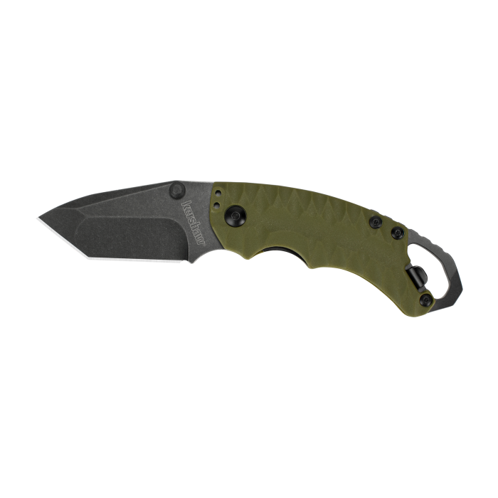 Kershaw Shuffle II knife with olive handle and BlackWash tanto blade, showcasing rugged design and multifunctional features.