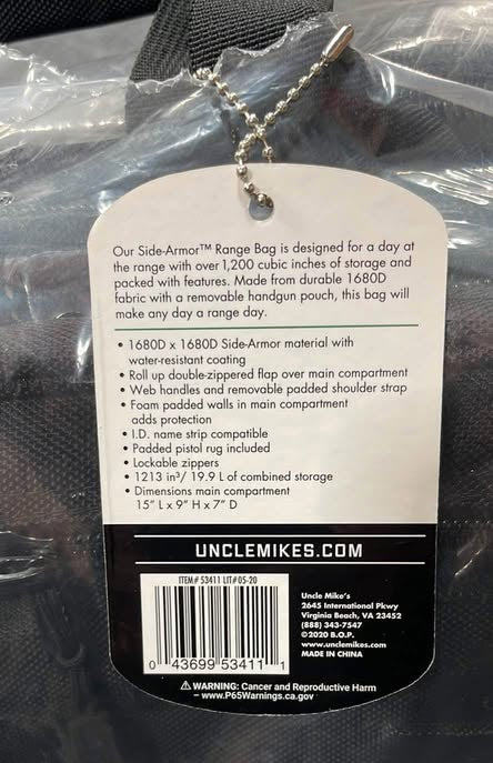 Side Armor Range Bag tag with product details and Uncle Mike's branding.