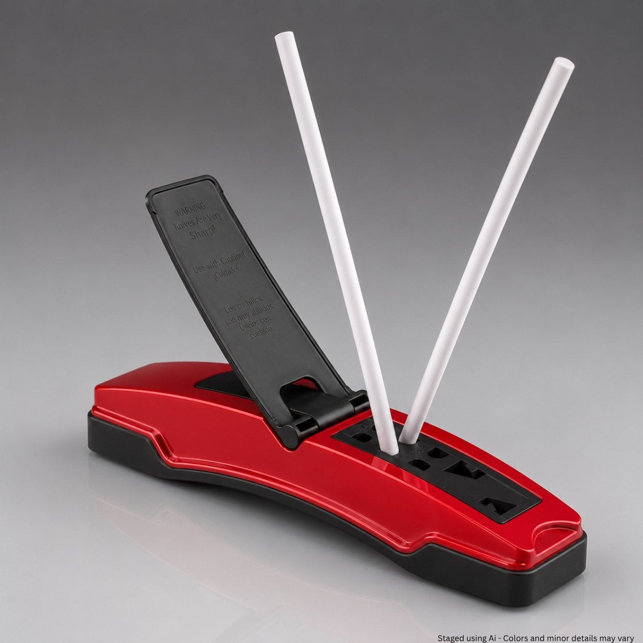 Red and black electronic device with white rods on a gray background