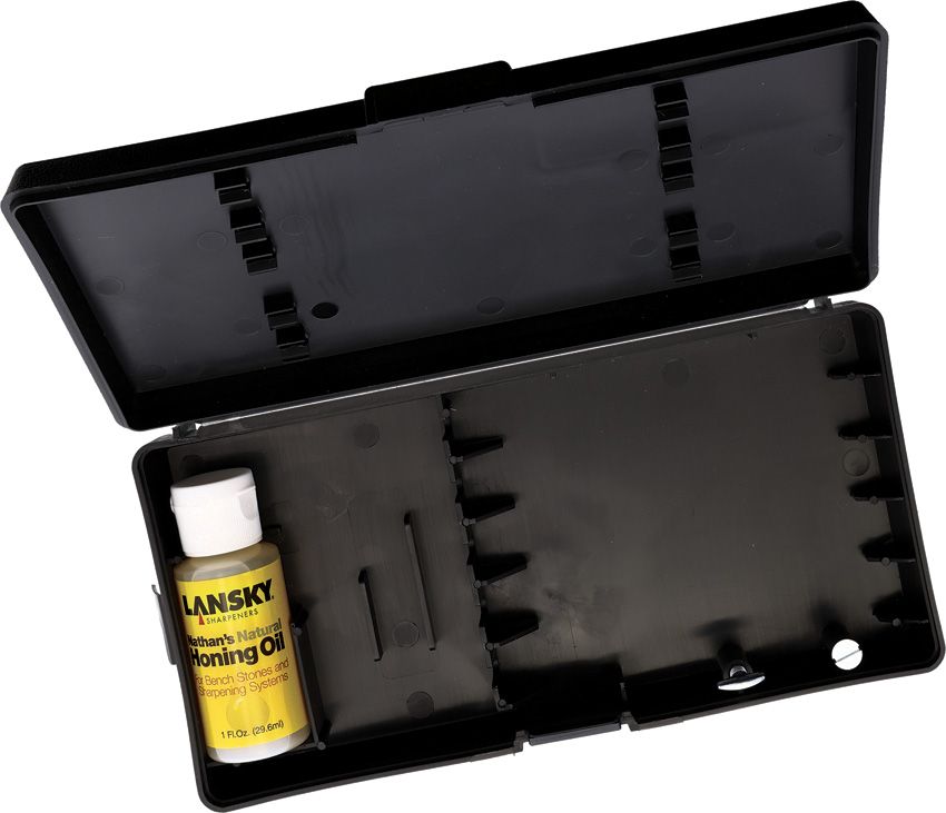 Black Lansky Sharpeners Custom Carrying Case with a bottle of Lansky oil inside