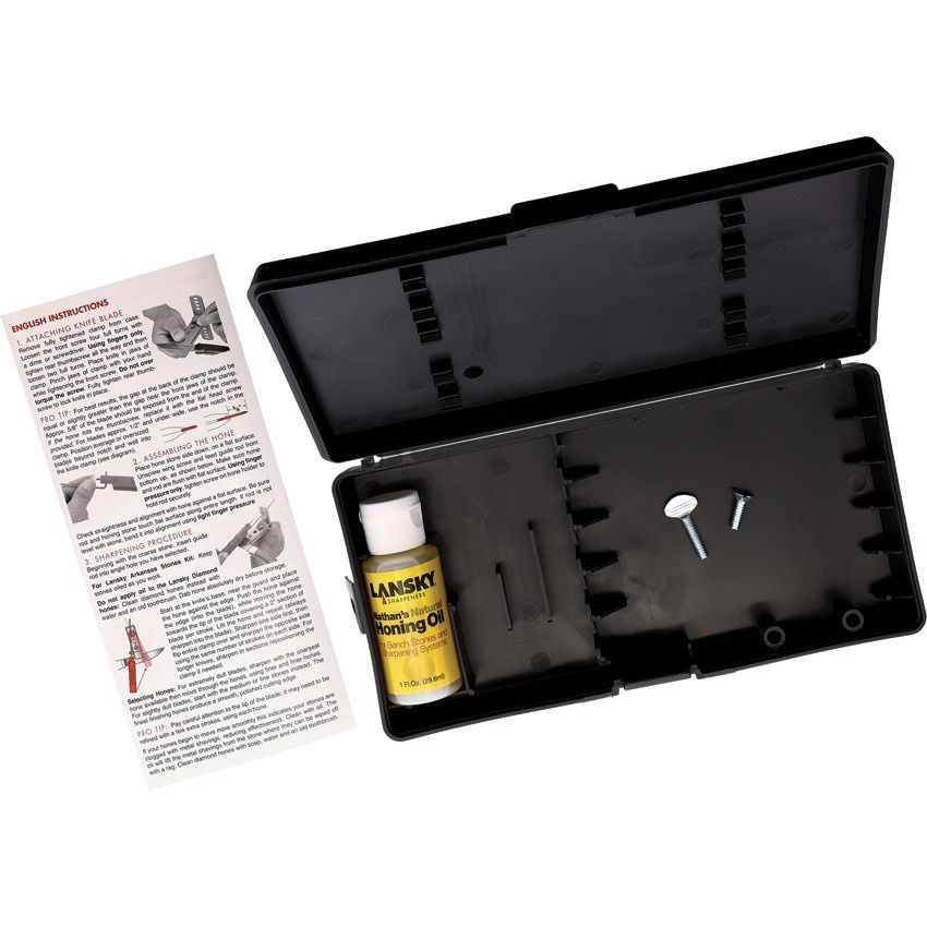 Black Lansky Sharpeners Custom Carrying Case LB700 with a bottle of LANSKY oil and instructions on a white background