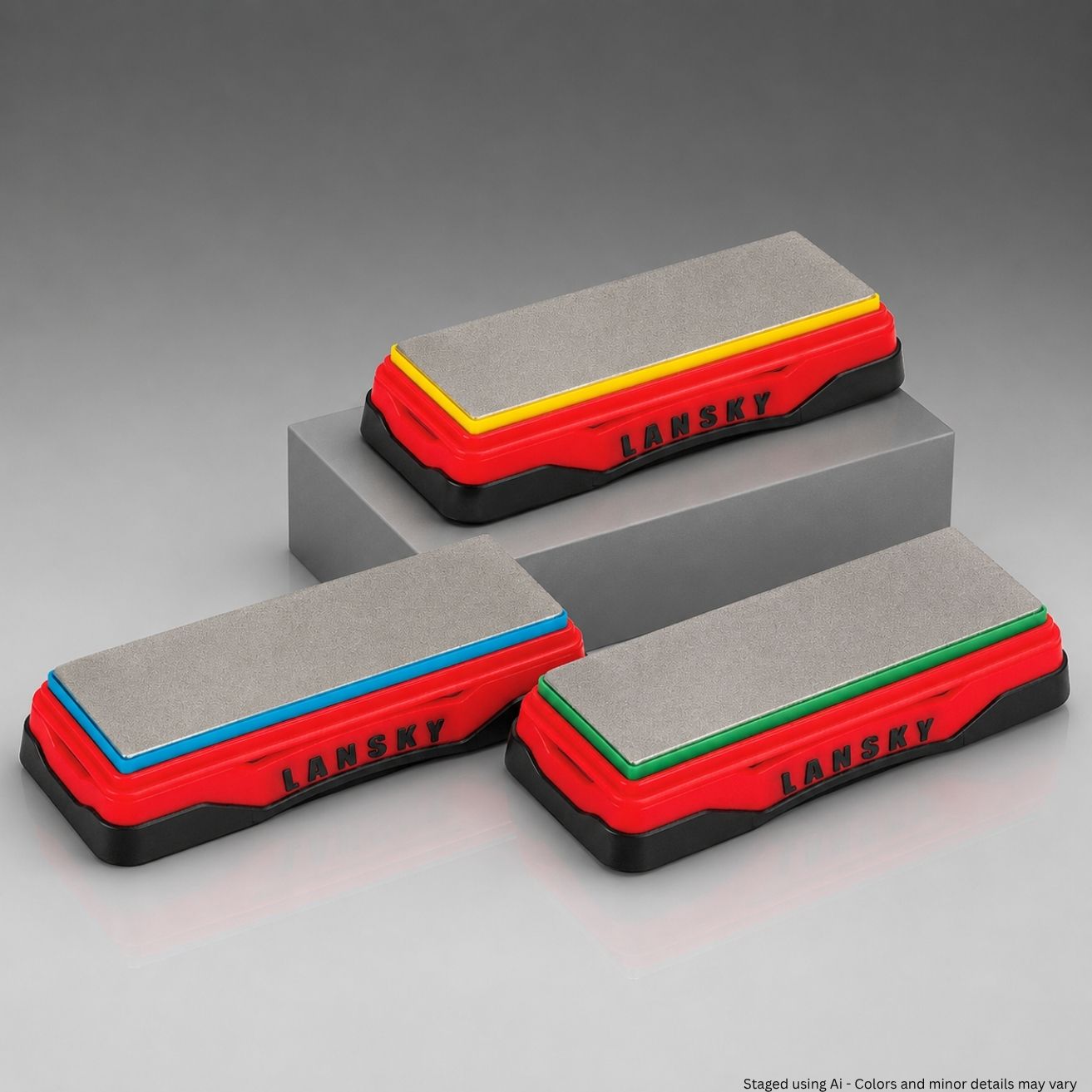 All three Lansky Diamond Bench Stones displayed together showing yellow Extra Fine, blue Fine, and green Medium color-coded grit identification system