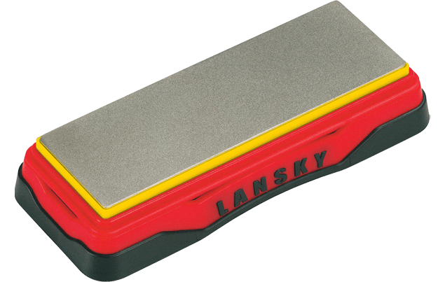 Lansky Sharpeners Diamond Bench Stone Extra Fine 1000 Grit with yellow edge trim and red base, model LDB6E, front angle view