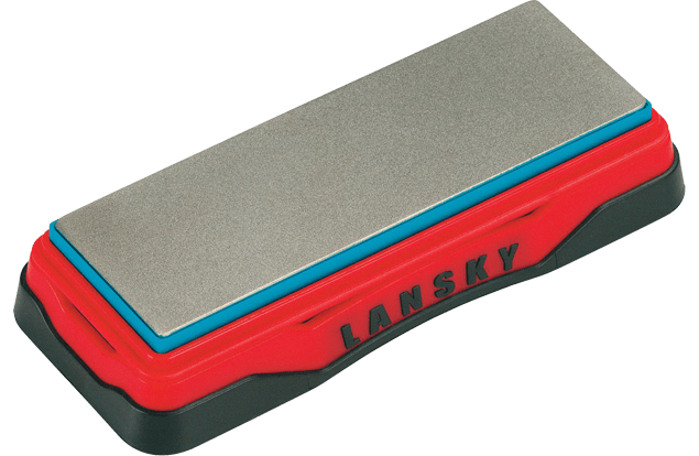 Lansky Sharpeners Diamond Bench Stone Fine 600 Grit with blue edge trim and red base, model LDB6F, front angle view