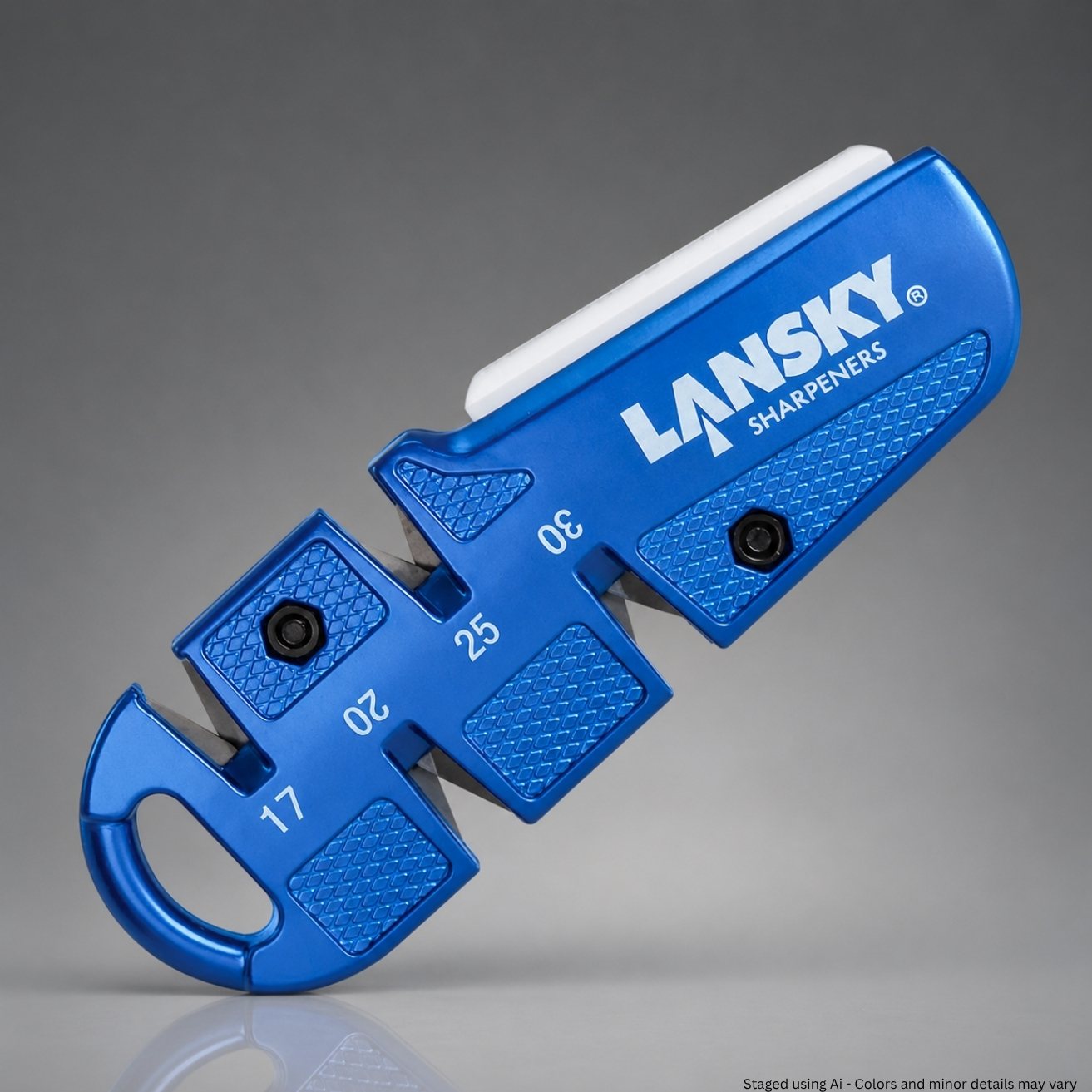 Angled view of the Lansky QuadSharp QSHARP pocket sharpener highlighting degree markings 17, 20, 25, and 30 with white ceramic rod