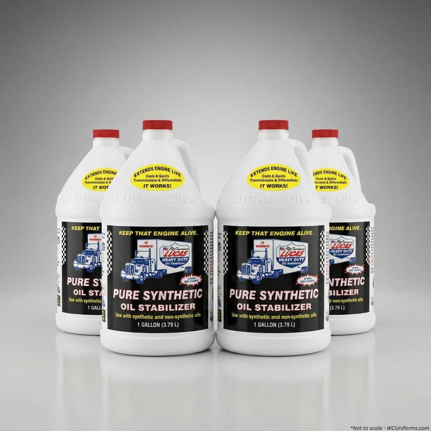 Five bottles of Pure Synthetic Oil Stabilizer on a gray background