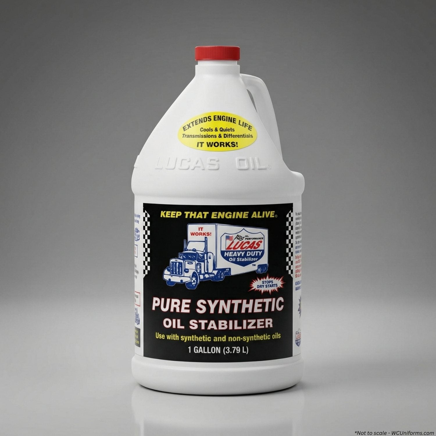 Lucas Oil pure synthetic oil stabilizer bottle on a gray background