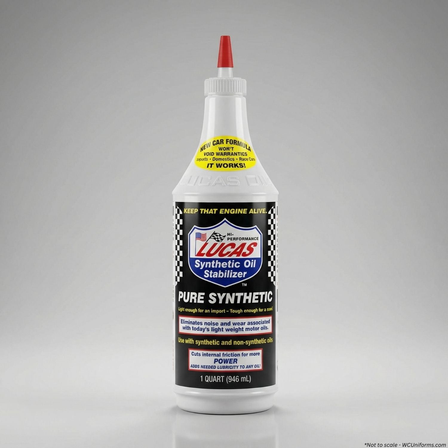 Lucas Synthetic Oil Stabilizer bottle on a gray background