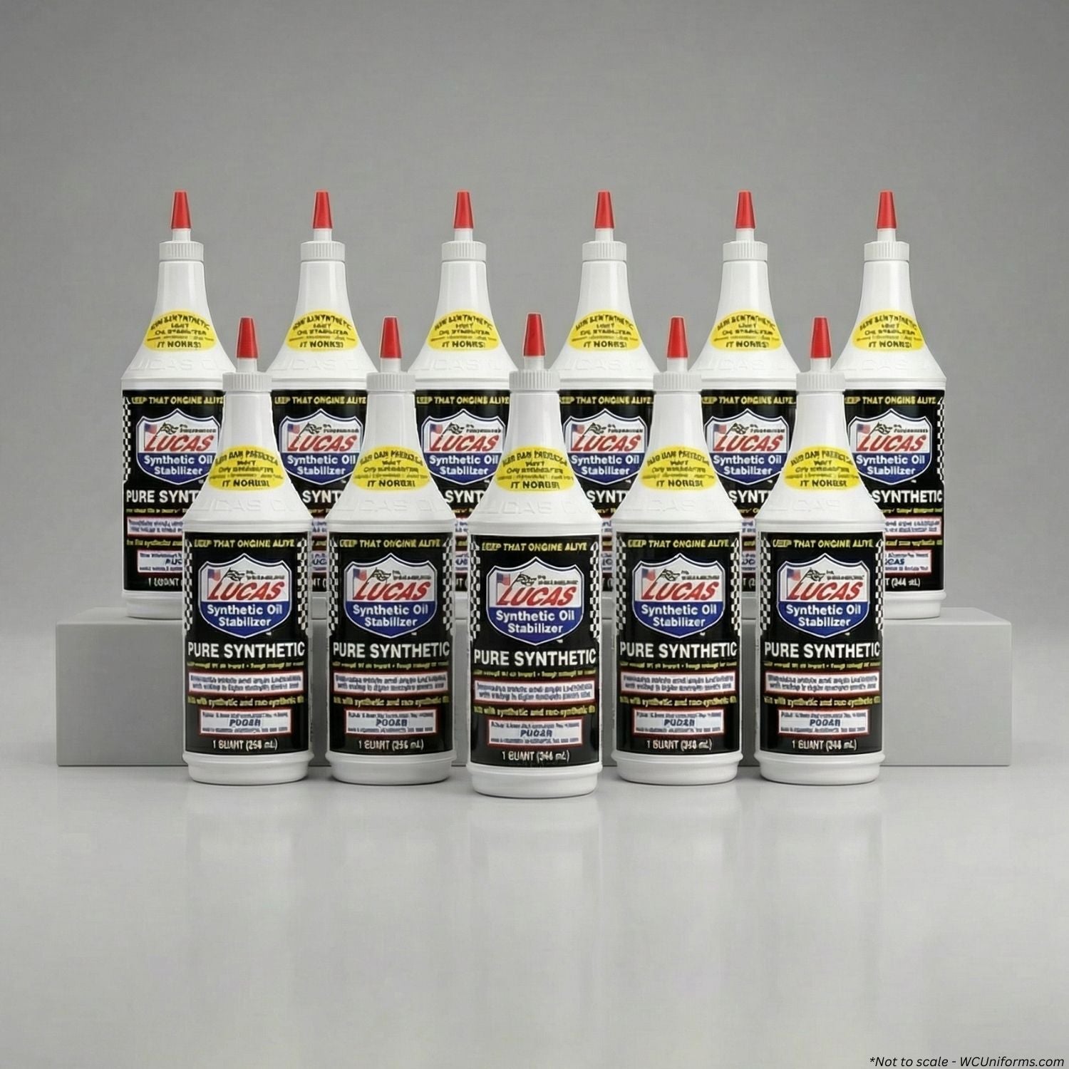 Multiple bottles of Lucas Oil synthetic oil on a gray background