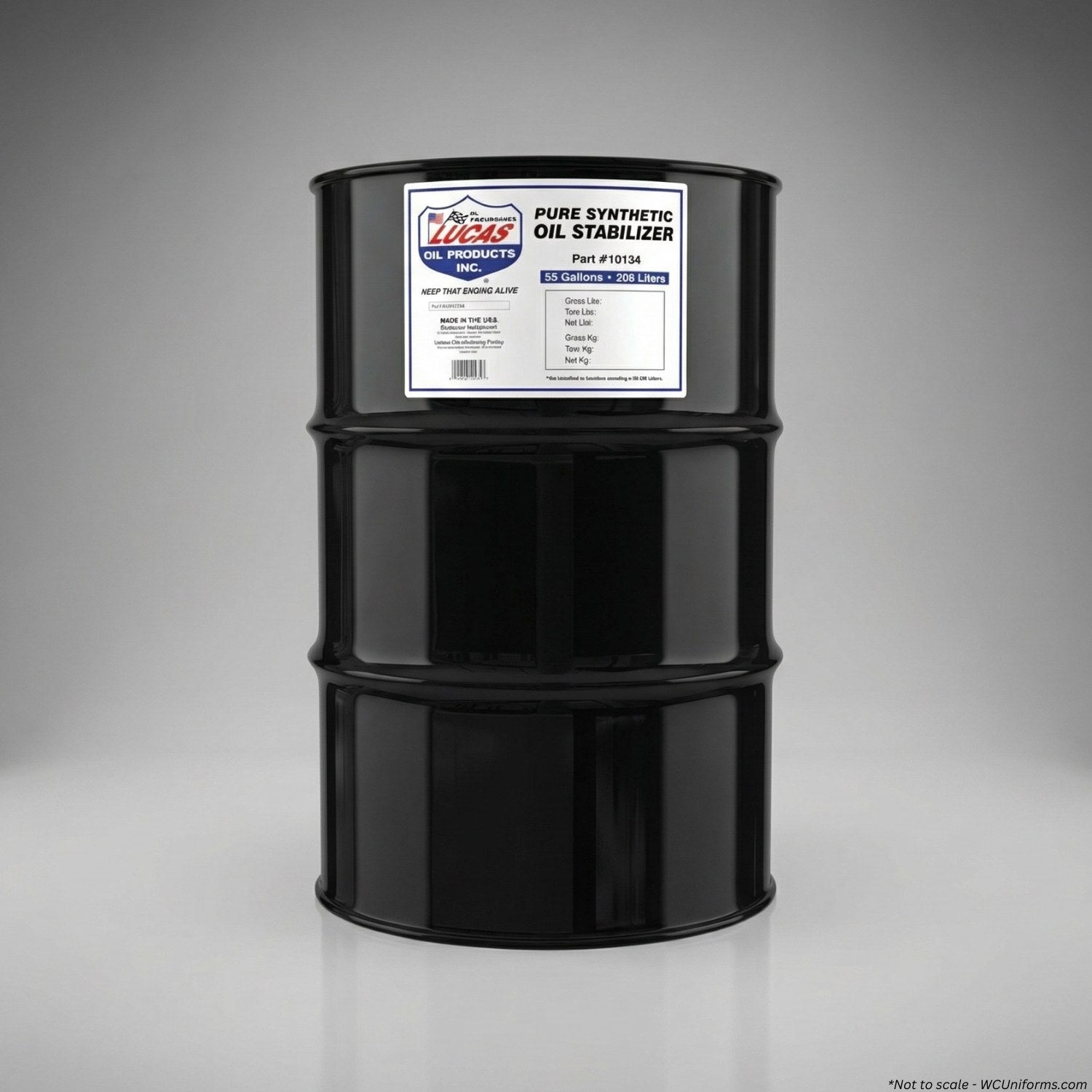 Black oil drum with a label on a gray background
