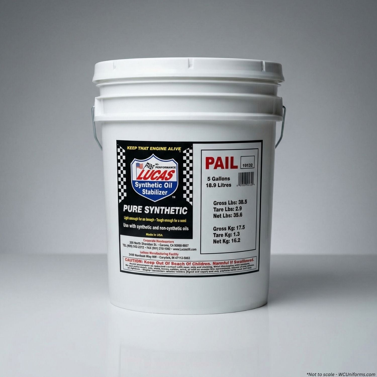 White bucket with Lucas Oil label on a gray background