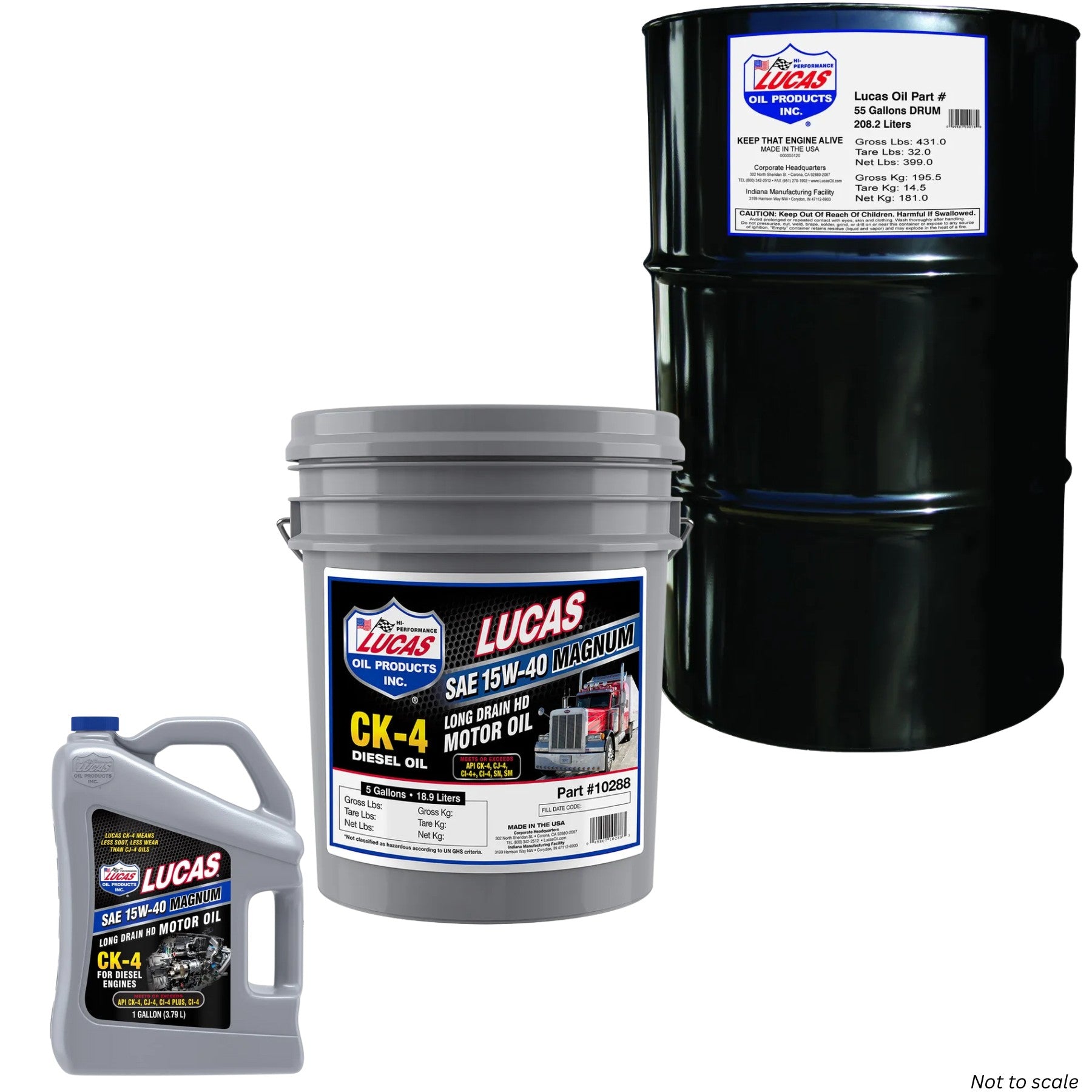 Lucas Oil SAE 15W-40 Magnum CK-4 Diesel Engine Oil container with product label, available in 1-gallon, 5-gallon, or 55-gallon sizes