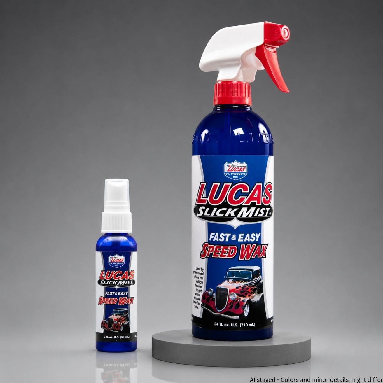 Lucas Slick Mist Fast & Easy Speed Wax bottles on a gray background