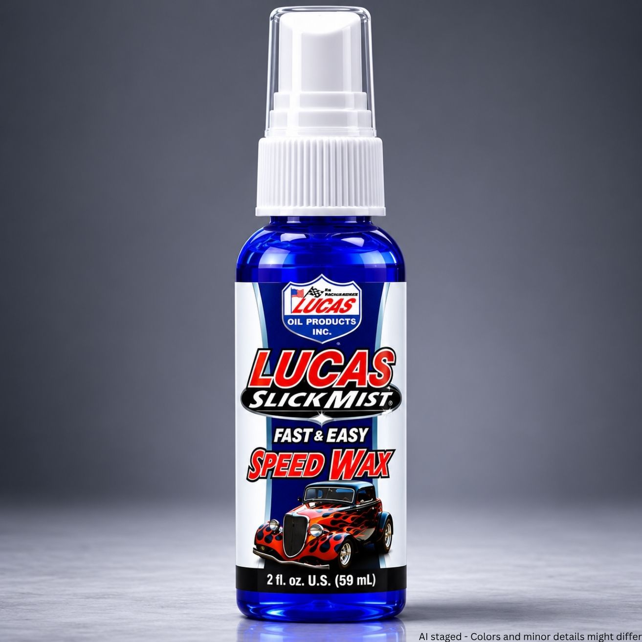 Lucas Oil Slick Mist Speed Wax bottle on a gray background