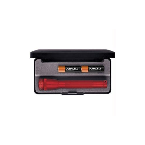 Red Maglite M2A Mini Flashlight with Duracell batteries in a black storage case. Compact and durable design.