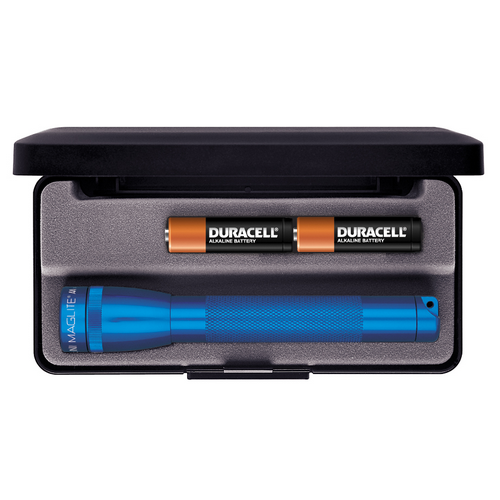 Maglite M2A Mini Flashlight in blue with Duracell AA batteries, housed in a protective case.