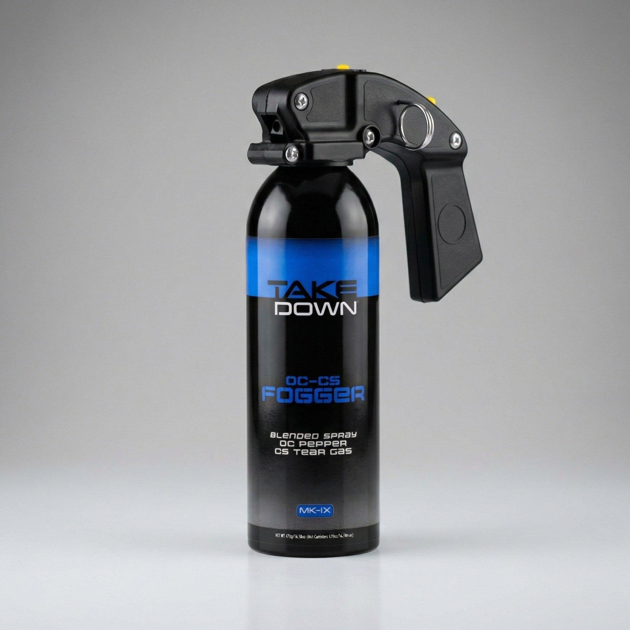 Black fogger canister with blue label on a gray background