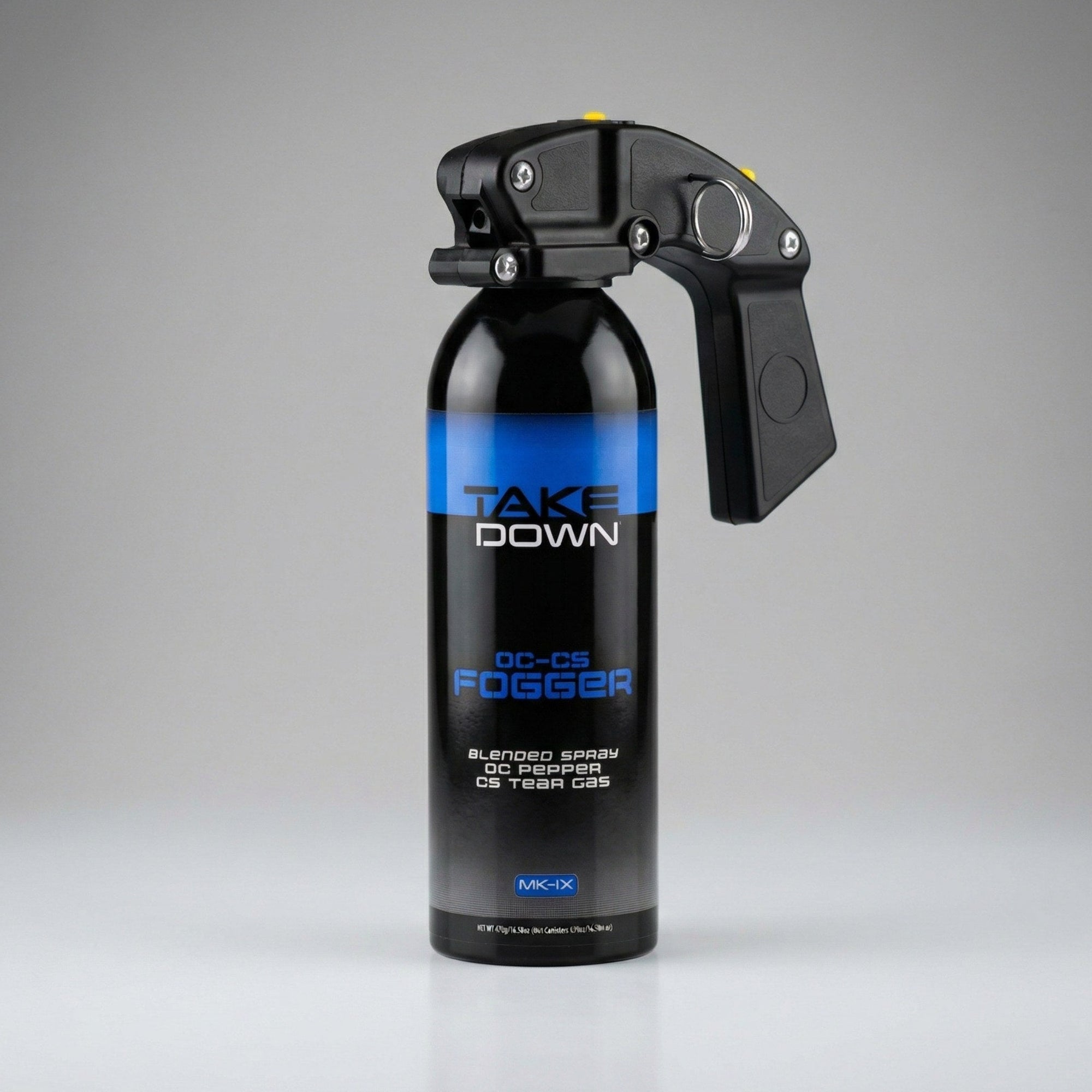 Black fogger canister with blue label on a gray background